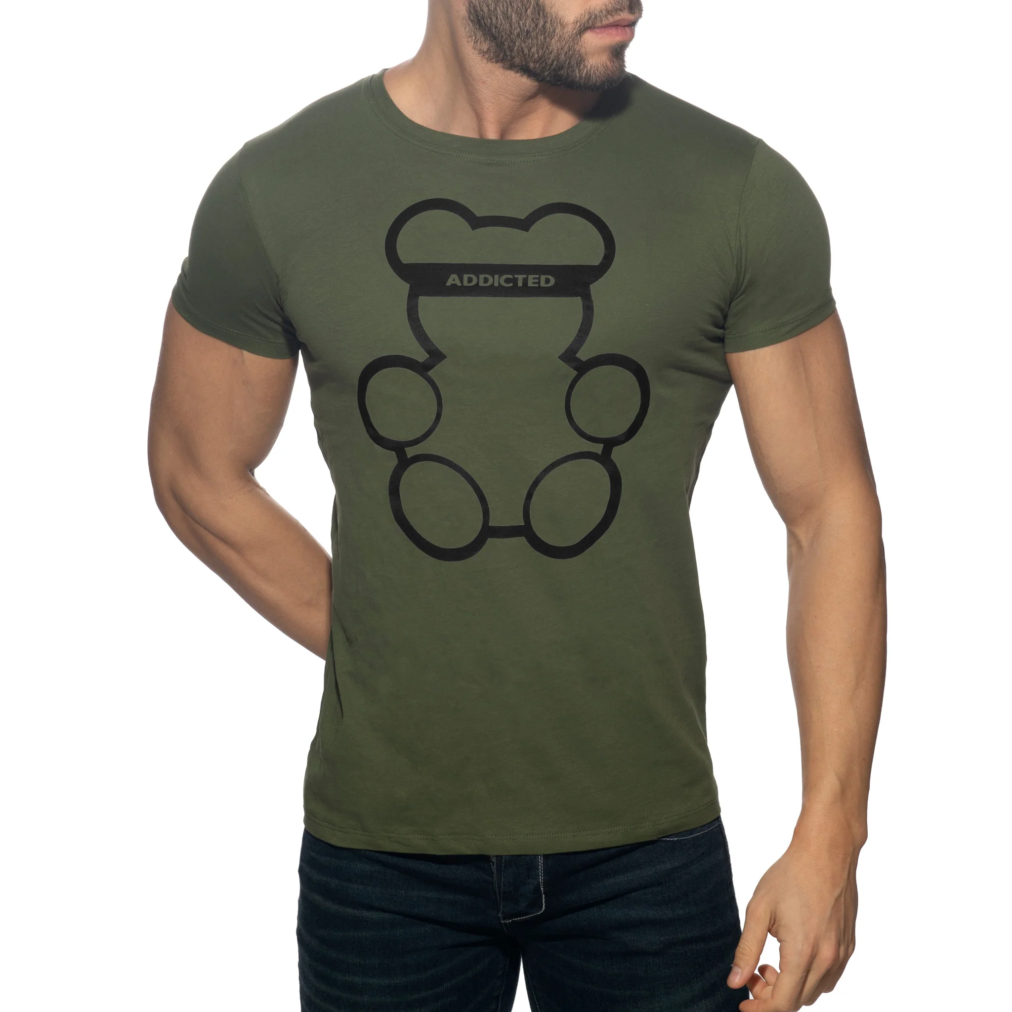 Addicted Bear Round Neck T-Shirt Khaki AD424 - Image 2
