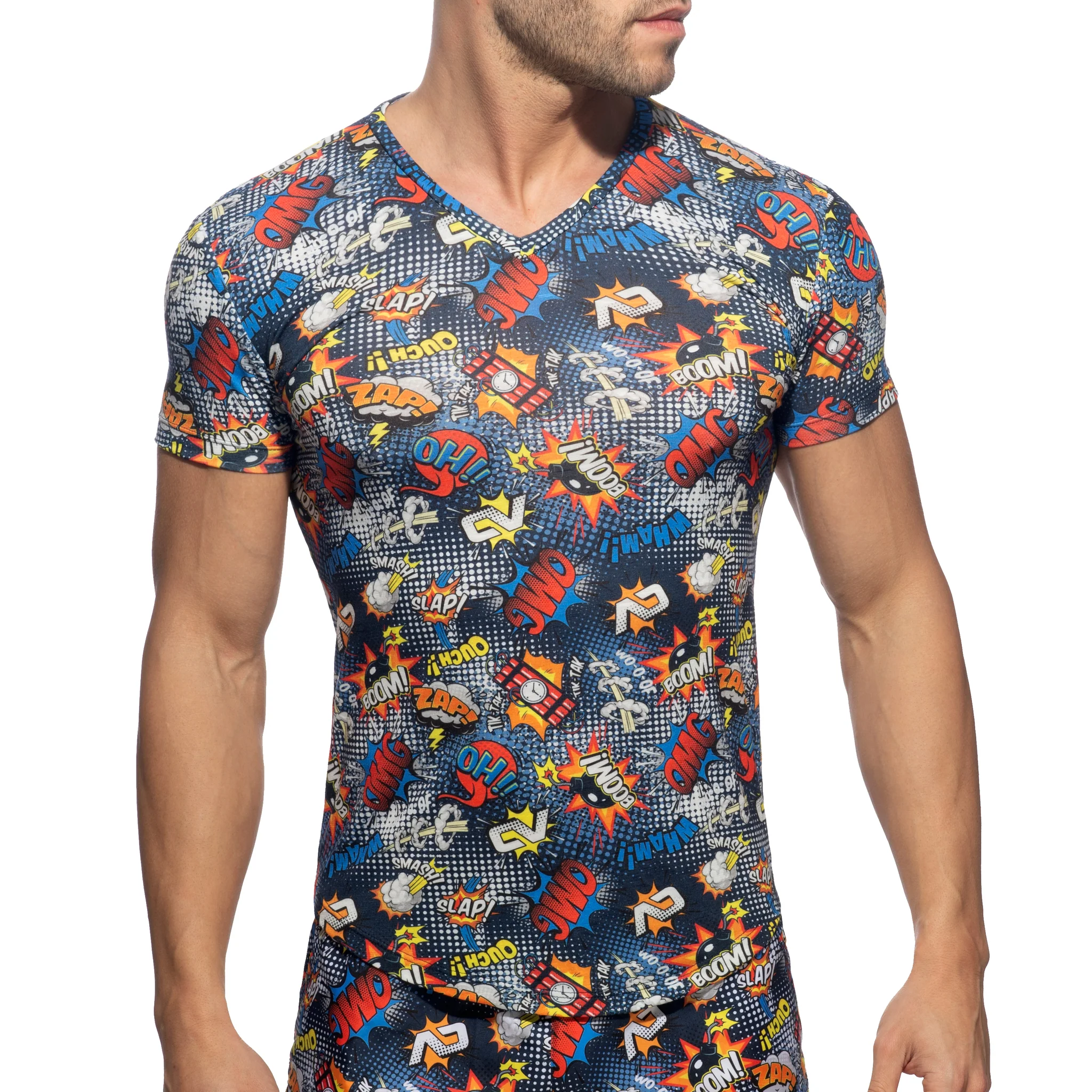 Addicted Comic V Neck T-Shirt Navy AD1086 - Image 2
