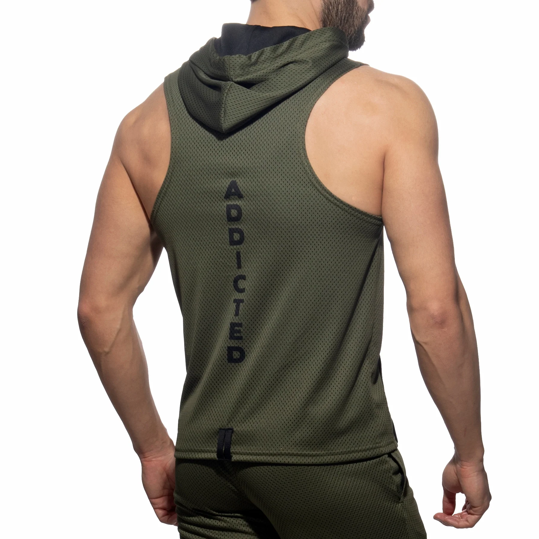 Addicted Sleeveless Loop-Mesh Hoodie Khaki AD355 - Image 3