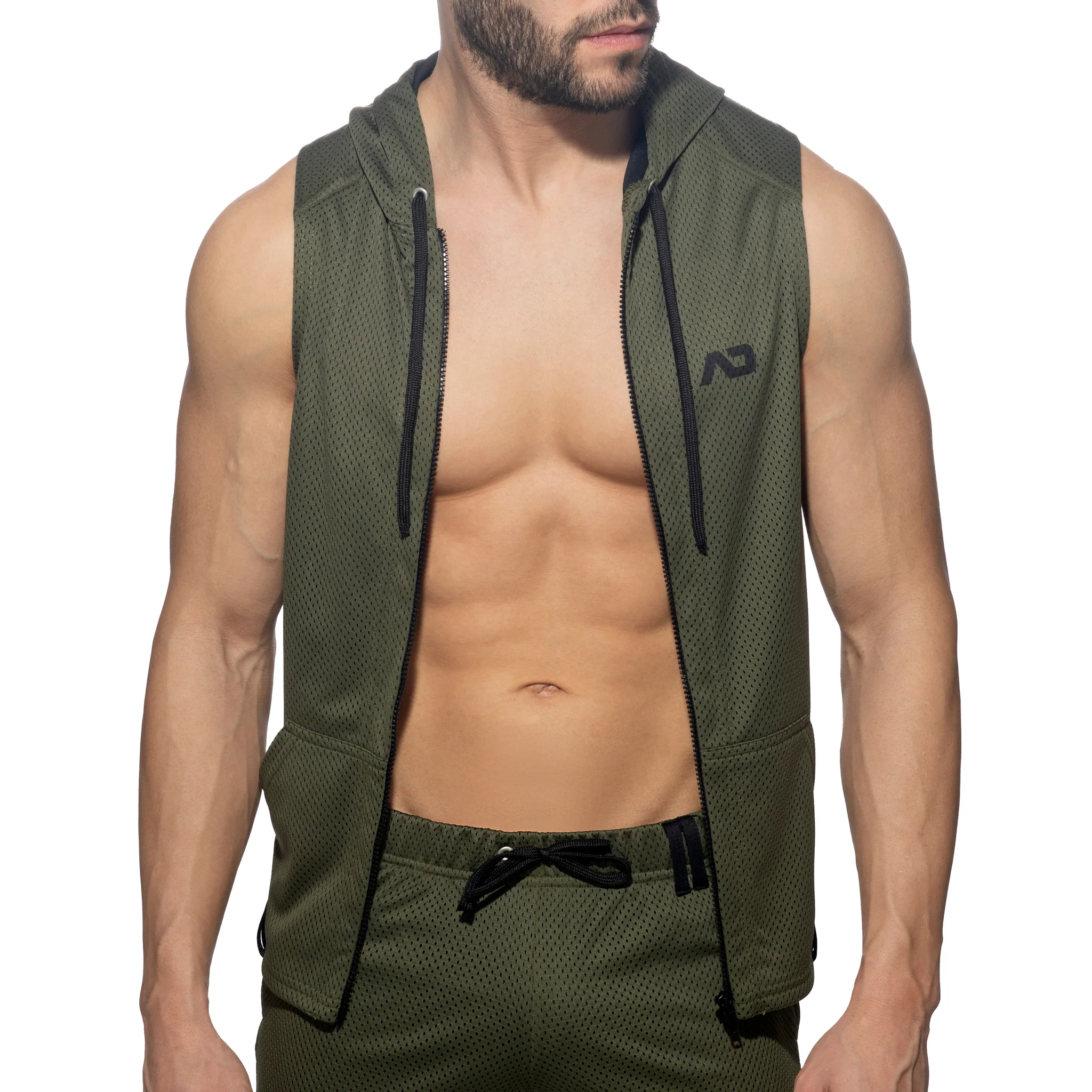 Addicted Sleeveless Loop-Mesh Hoodie Khaki AD355 - Image 4