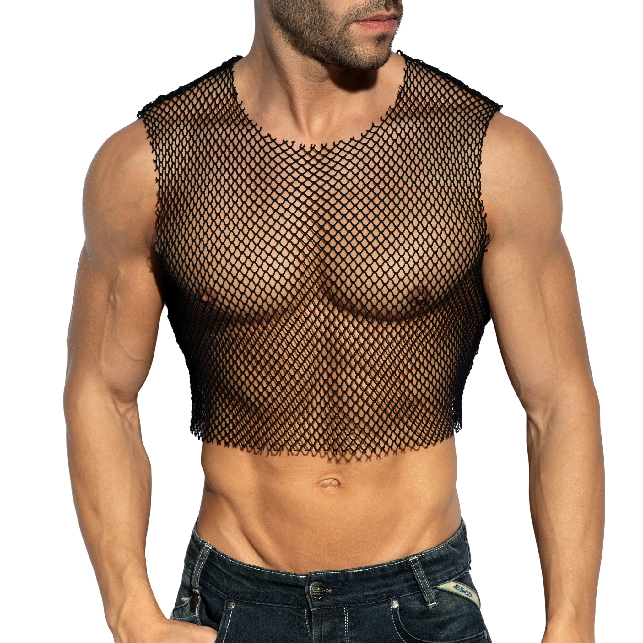 ES Collection Beachy Net Midriff Crop Top Black TS338 - Image 2