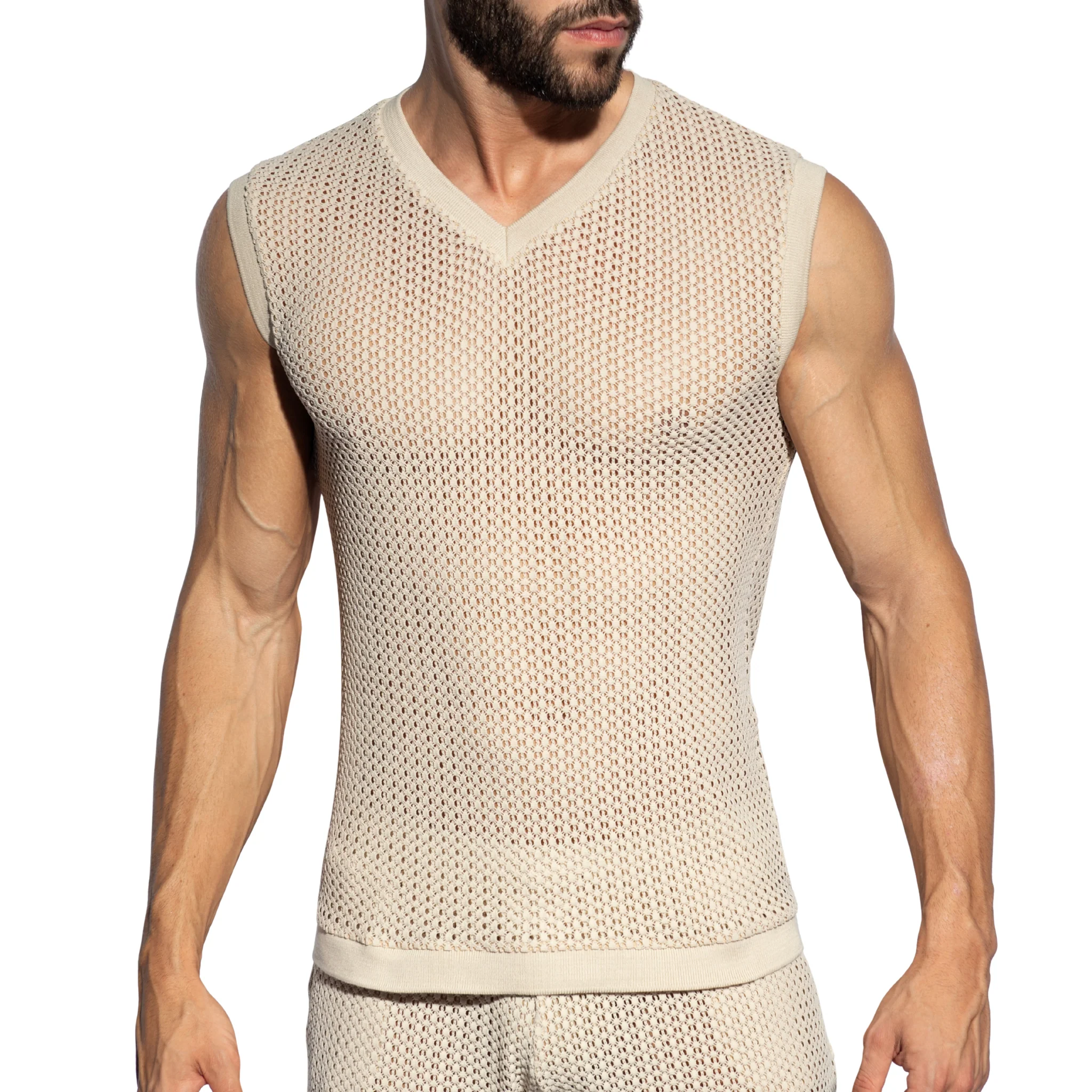 ES Collection Brisa V-Neck Vest T-Shirt Beige TS357 - Image 2