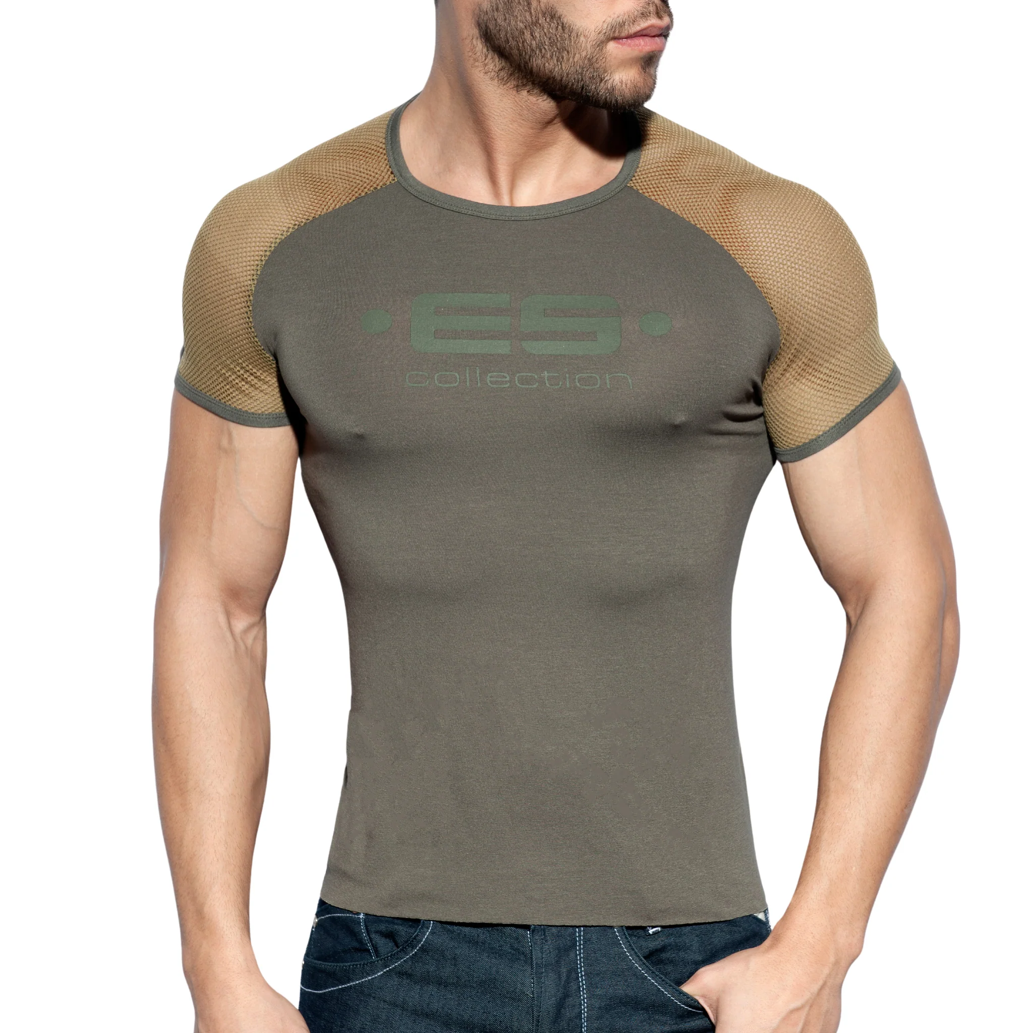 ES Collection Ranglan Mesh T-Shirt Khaki TS264 - Image 2