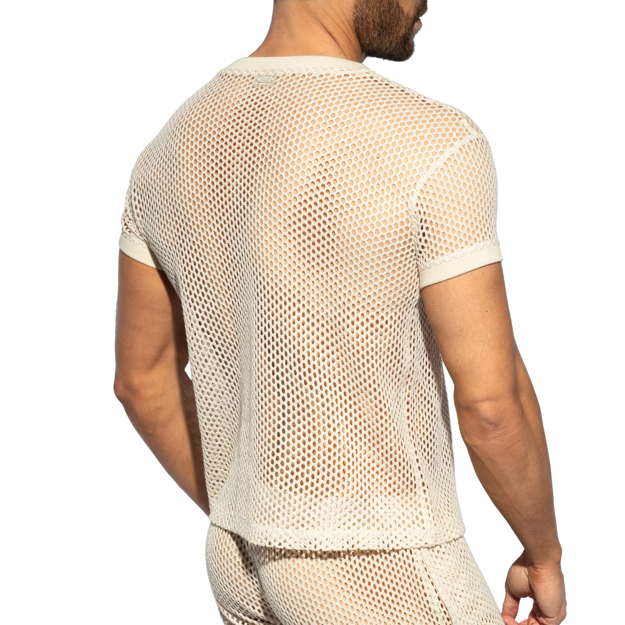 ES Collection Raw Crochet V-Neck T-Shirt Beige TS351 - Image 3