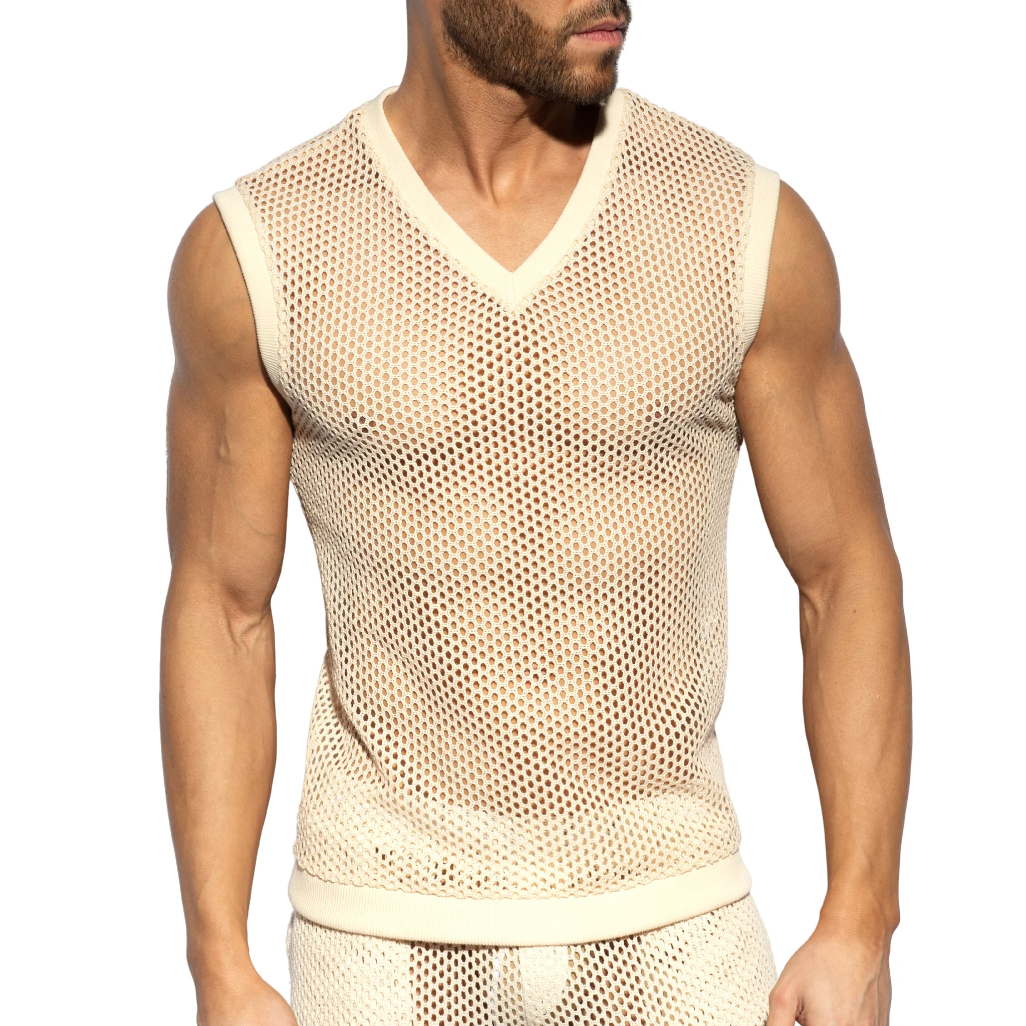 ES Collection Raw Crochet V-Neck Tank Top Beige TS350 - Image 2